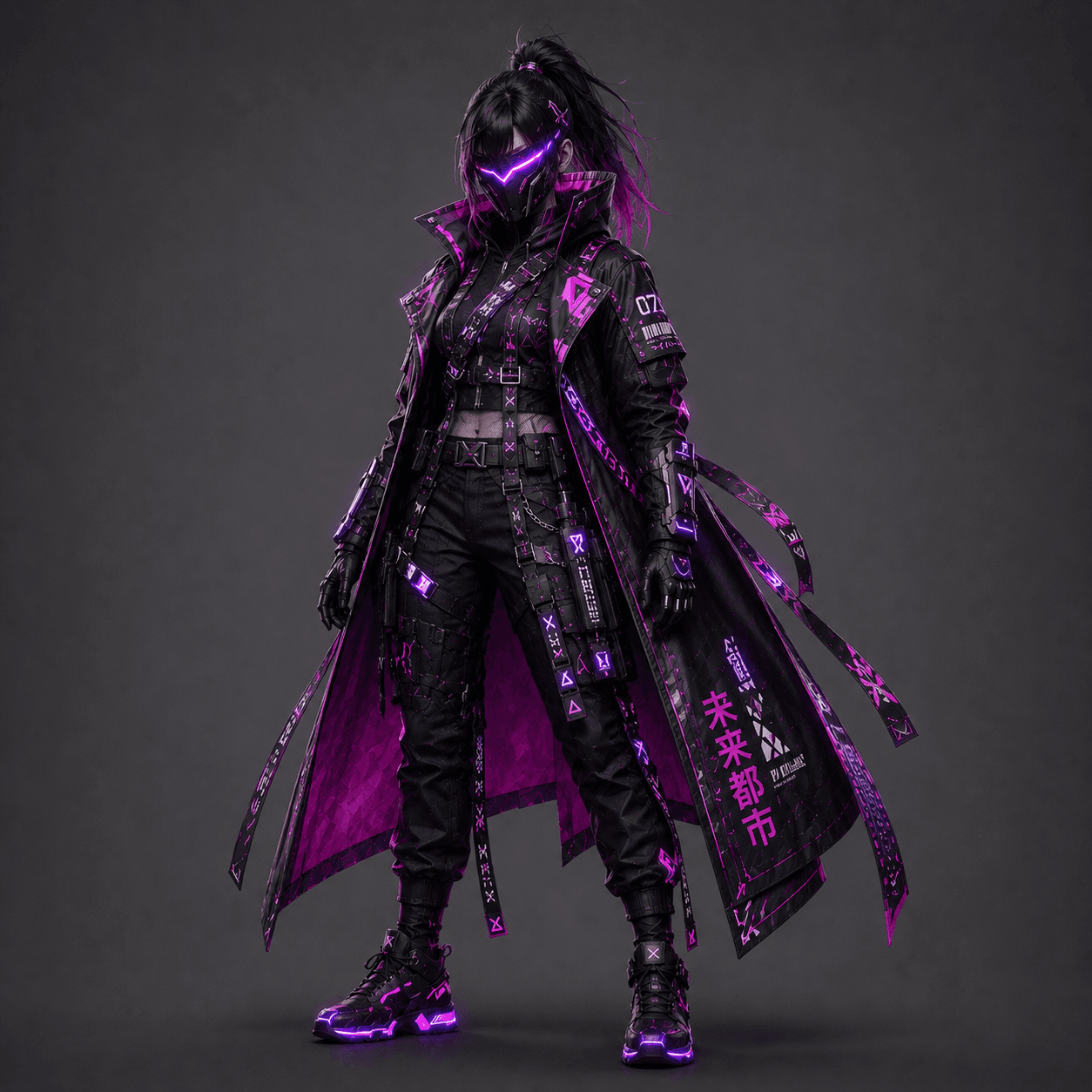 Concept illustration of a layered black and violet futuristic costume
